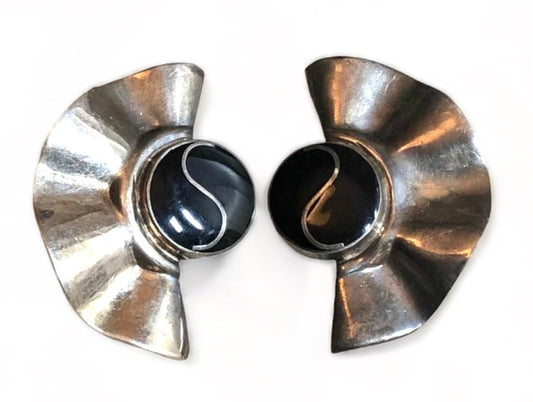 Vintage Sterling Silver and Onyx Fan Earrings